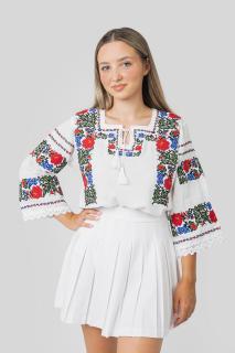 Bluza alba cu motiv floral multicolor Clarisa - maneca scurta