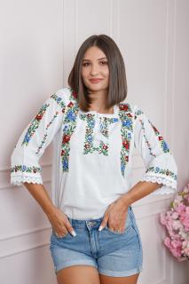 Bluza alba cu motiv floral multicolor Dalia 03 - maneca 3 4