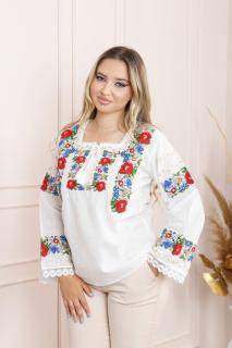 Bluza alba cu motiv floral rosu Adina 01 - maneca lunga