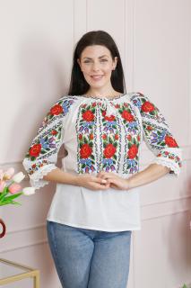 Bluza alba cu motiv floral rosu Valentina 01 - maneca scurta