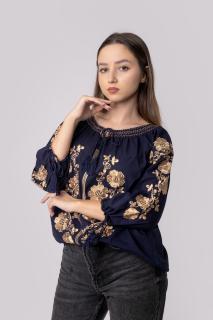 Bluza albastra cu motiv floral auriu Hortensia