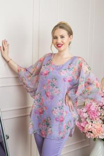 Bluza lila din voal cu imprimeu floral si maneci fluture