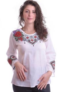Bluza traditionala alba cu motiv floral rosu Iris 02