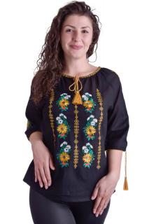 Bluza traditionala neagra cu motiv floral galben Anemona