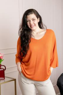 Bluza tricotata orange cu maneci liliac