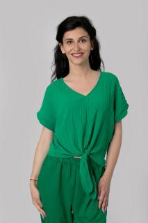 Bluza verde smarald casual cu aspect texturat si nod in talie