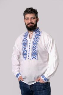 Camasa barbateasca traditionala alba cu motiv geometric albastru Carol 02