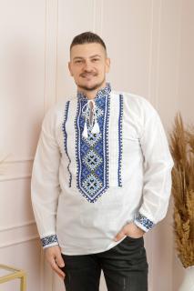 Camasa barbateasca traditionala alba cu motiv geometric albastru Flavius