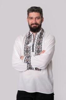 Camasa barbateasca traditionala alba cu motiv geometric maro Arthur