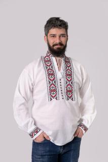 Camasa barbateasca traditionala alba cu motiv geometric rosu Carol 01