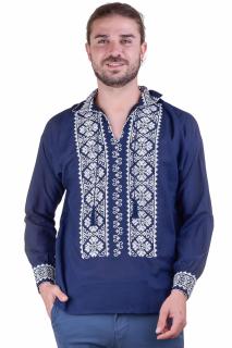 Camasa barbateasca traditionala albastra cu motiv floral alb Silviu
