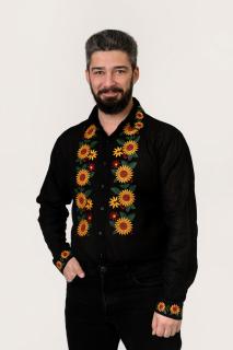 Camasa barbateasca traditionala neagra cu motiv floral galben Darius