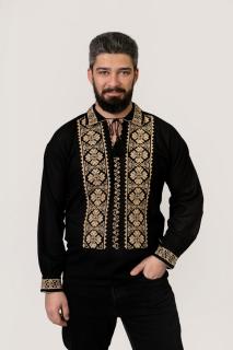 Camasa barbateasca traditionala neagra cu motiv geometric crem Bogdan