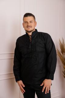 Camasa barbateasca traditionala neagra cu motiv geometric negru Horia