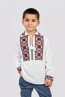 Camasa traditionala de baieti alba cu motiv floral rosu Silviu 01