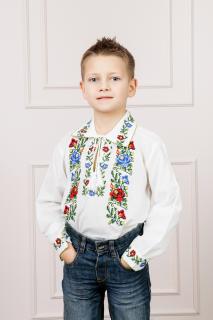 Camasa traditionala de baieti alba cu motiv floral tricolor Andrei