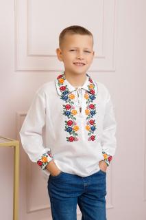Camasa traditionala de baieti alba cu motiv floral tricolor Gabriel