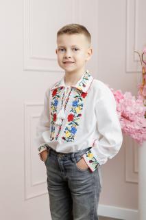 Camasa traditionala de baieti alba cu motiv floral tricolor Ionut