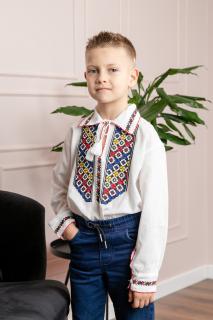 Camasa traditionala de baieti alba cu motiv floral tricolor Raul