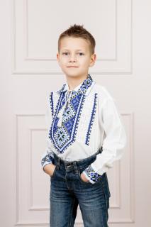 Camasa traditionala de baieti alba cu motiv geometric albastru Flavius 01