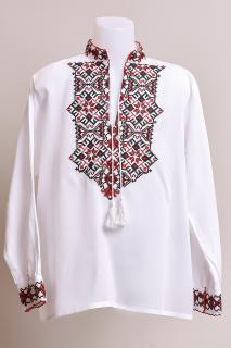 Camasa traditionala de baieti alba cu motiv geometric rosu Dorin