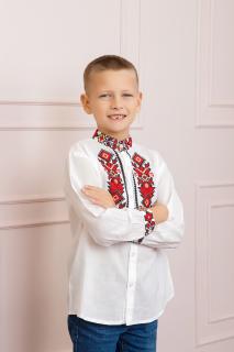 Camasa traditionala de baieti alba cu motiv geometric rosu Ovidiu