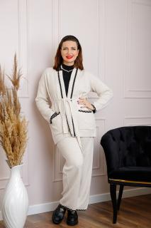 Compleu Aylin ecru din tricot cu bluza si pantaloni