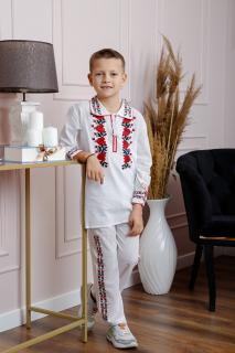 Compleu traditional alb pentru baieti cu motiv floral rosu Calin