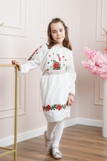 Compleu traditional alb pentru fetite cu motiv floral rosu Darina