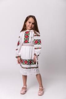 Compleu traditional alb pentru fetite cu motiv floral rosu Emma