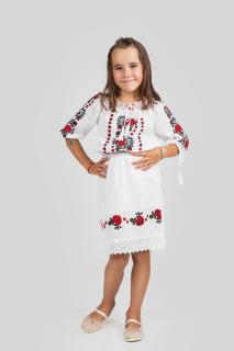 Compleu traditional alb pentru fetite cu motiv floral rosu Maria