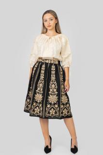 Fusta traditionala neagra cu broderie florala crem Mirabela 01