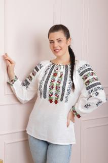 Ie traditionala alba cu motiv floral multicolor Aliona