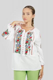 Ie traditionala alba cu motiv floral multicolor Andreea - maneca lunga