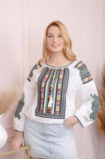 Ie traditionala alba cu motiv floral multicolor Delia