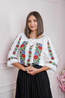 Ie traditionala alba cu motiv floral multicolor Florentina