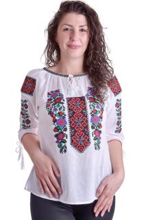 Ie traditionala alba cu motiv floral multicolor Gisela 02