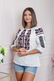 Ie traditionala alba cu motiv floral multicolor Mateea - maneca scurta