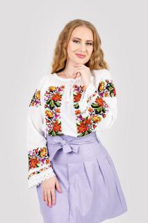 Ie traditionala alba cu motiv floral multicolor Mirabela 01