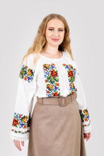 Ie traditionala alba cu motiv floral multicolor Mirabela 02