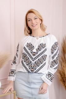 Ie traditionala alba cu motiv floral negru Lavinia 03