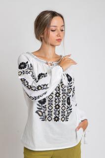 Ie traditionala alba cu motiv floral negru Minerva