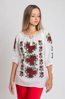 Ie traditionala alba cu motiv floral rosu Alina 01