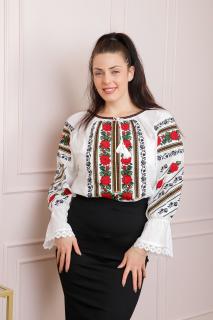 Ie traditionala alba cu motiv floral rosu Clementina 01