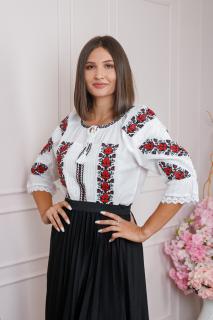 Ie traditionala alba cu motiv floral rosu Lavinia