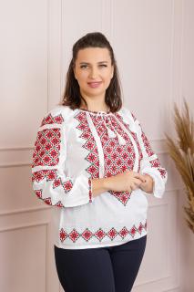 Ie traditionala alba cu motiv floral rosu Taisia