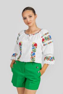 Ie traditionala alba cu motiv floral tricolor Daciana - maneca scurta