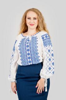 Ie traditionala alba cu motiv geometric albastru Luiza 03