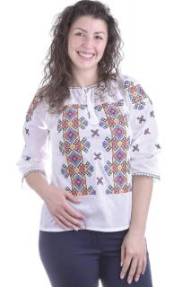 Ie traditionala alba cu motiv geometric multicolor Larisa