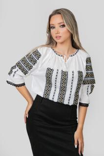 Ie traditionala alba cu motiv geometric negru Andrada 02